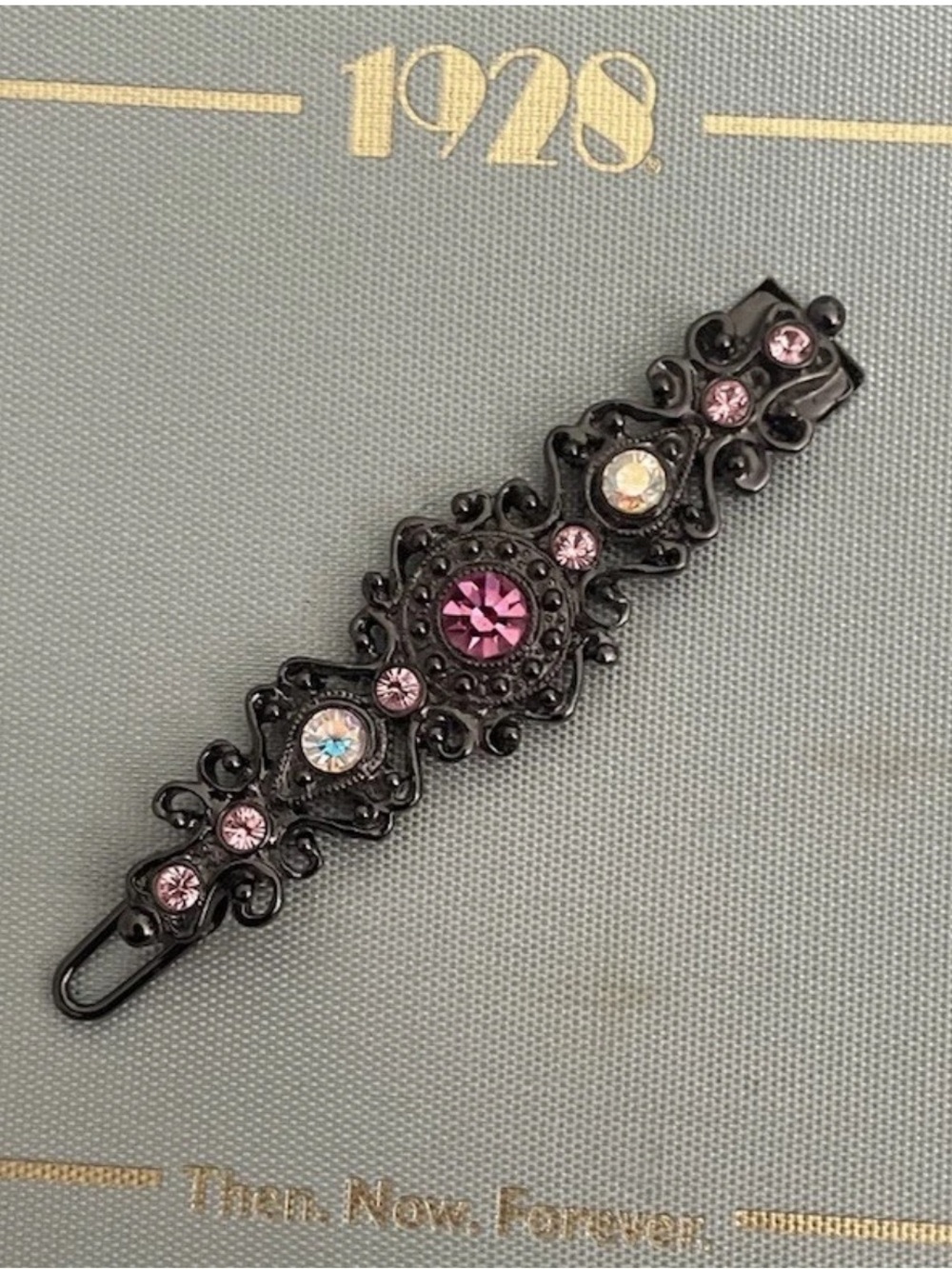 1928 Brand Metal Silver Vintage 1928 Jewelry Co. Pink Rhinestone Hair Barrette